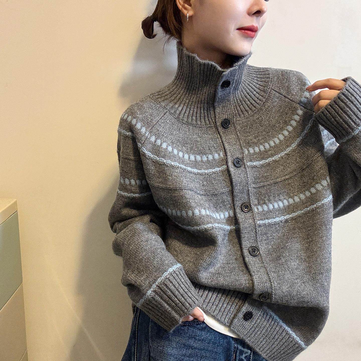 复古提花高领羊绒针织开