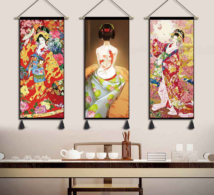 日式仕女挂毯布艺和风挂画餐厅酒吧装饰画寿司店壁画民宿美女布画图片