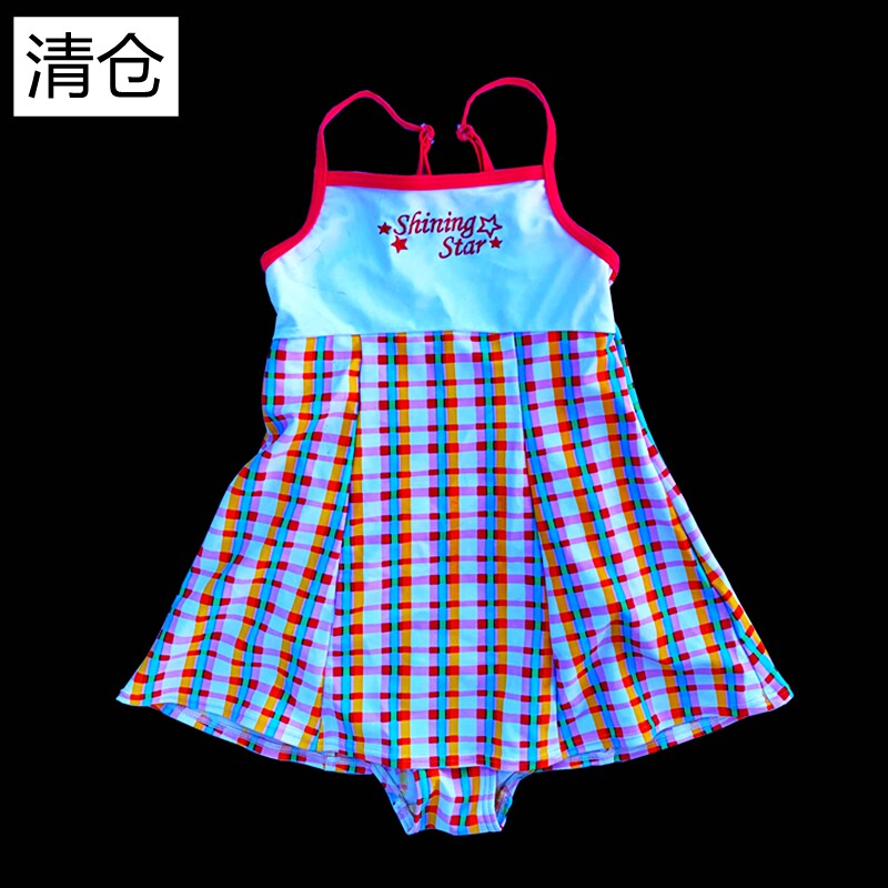 出口日本NIKKI连衣裙泳装 少女童连体游泳衣清仓七彩格子中小学生