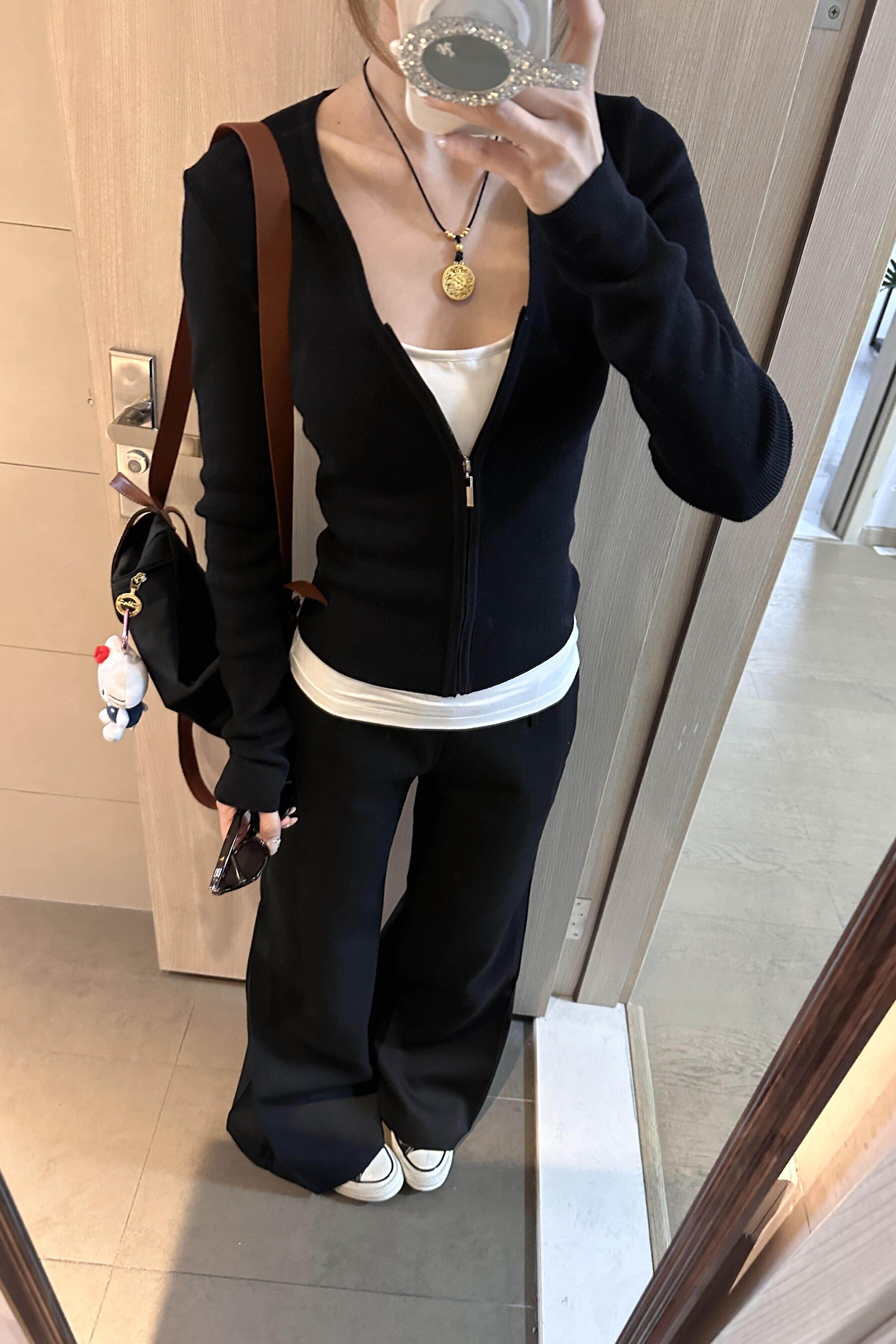 thumbnail for Korean black cardigan fake two long-sleeved T-shirts for women in early autumn wear slim zipper slim and pure thin top