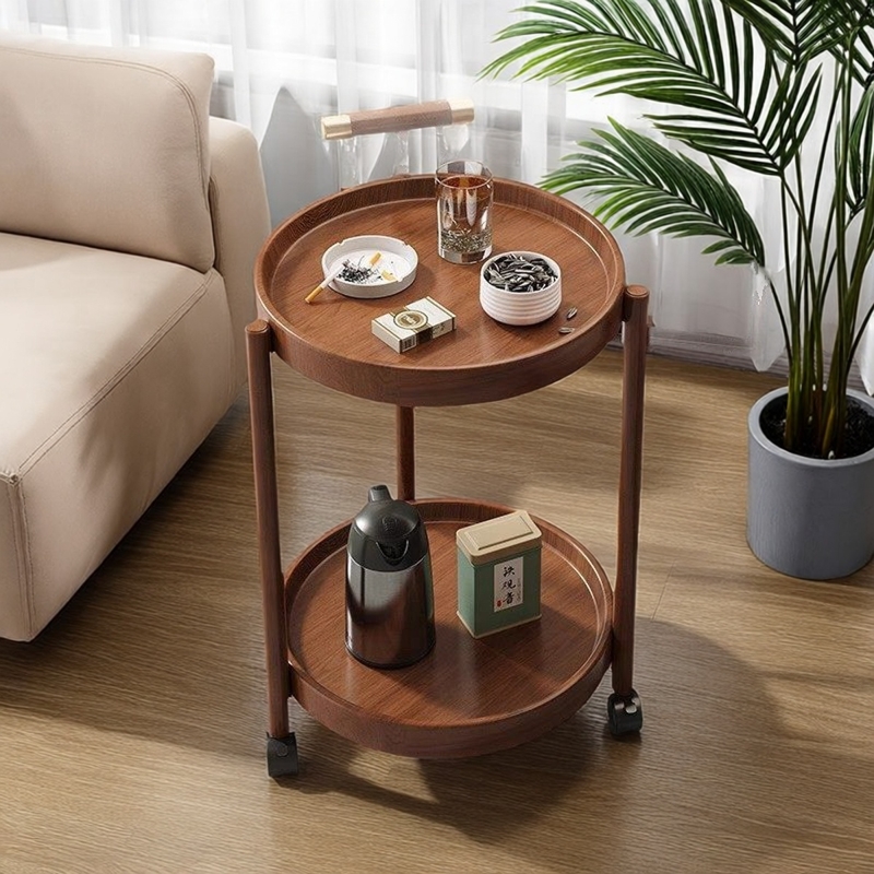 轻奢迷你小圆桌中古风小推车客厅可移动置物架带轮零食收纳架