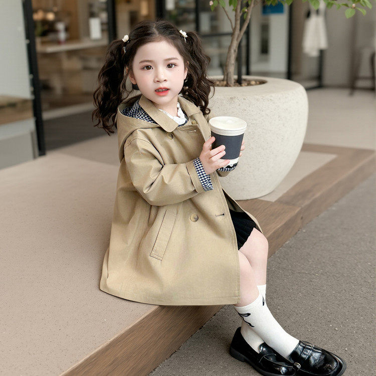 女童拼格子风衣外套2026春秋女宝中小童中长款洋气英伦风宝宝大衣