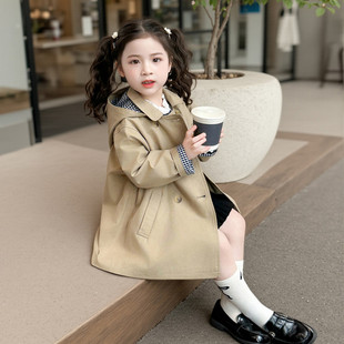 女童拼格子风衣外套2026春秋女宝中小童中长款洋气英伦风宝宝大衣