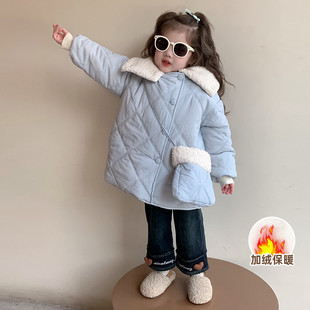 女童菱形格棉服2025新款冬季女宝中小童韩系休闲百搭保暖外套带包