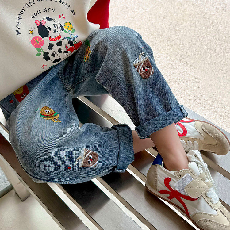 女童汉堡薯条卡通刺绣牛仔裤2026春秋新款女宝中小童童趣牛仔长裤