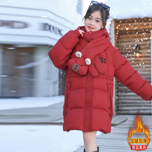 女童卡通小熊围脖棉服2025冬季女宝中大童中长款加厚保暖连帽棉袄