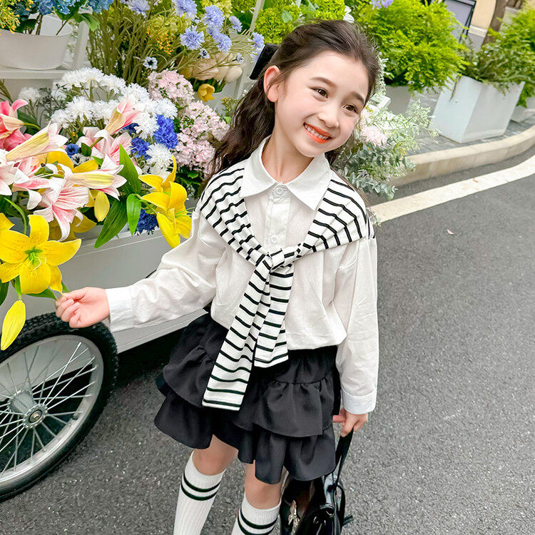 儿童披肩白衬衫长袖2024新款女宝中小童纯色上衣衬衣外穿假两件套