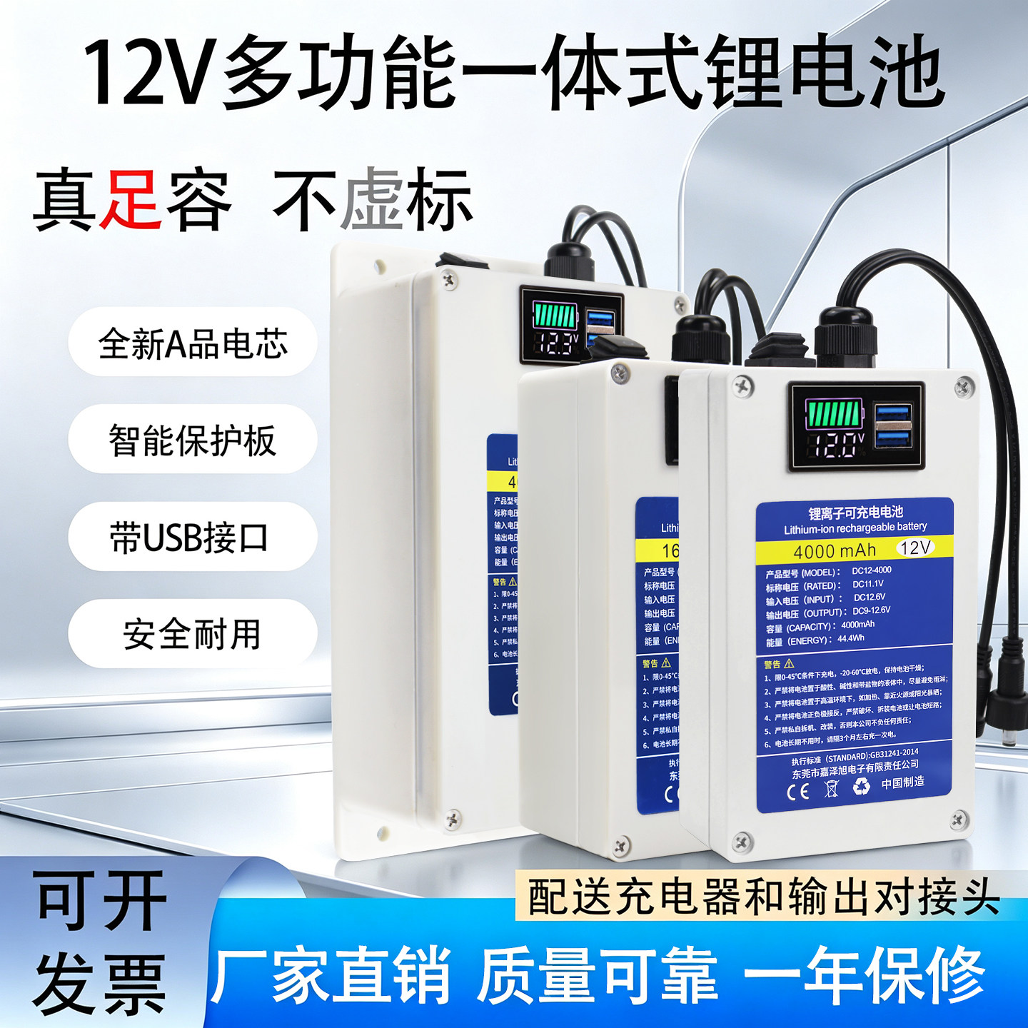 12V多功能一体式足容锂电池大容量智能保护板USB接口监控灯箱音箱