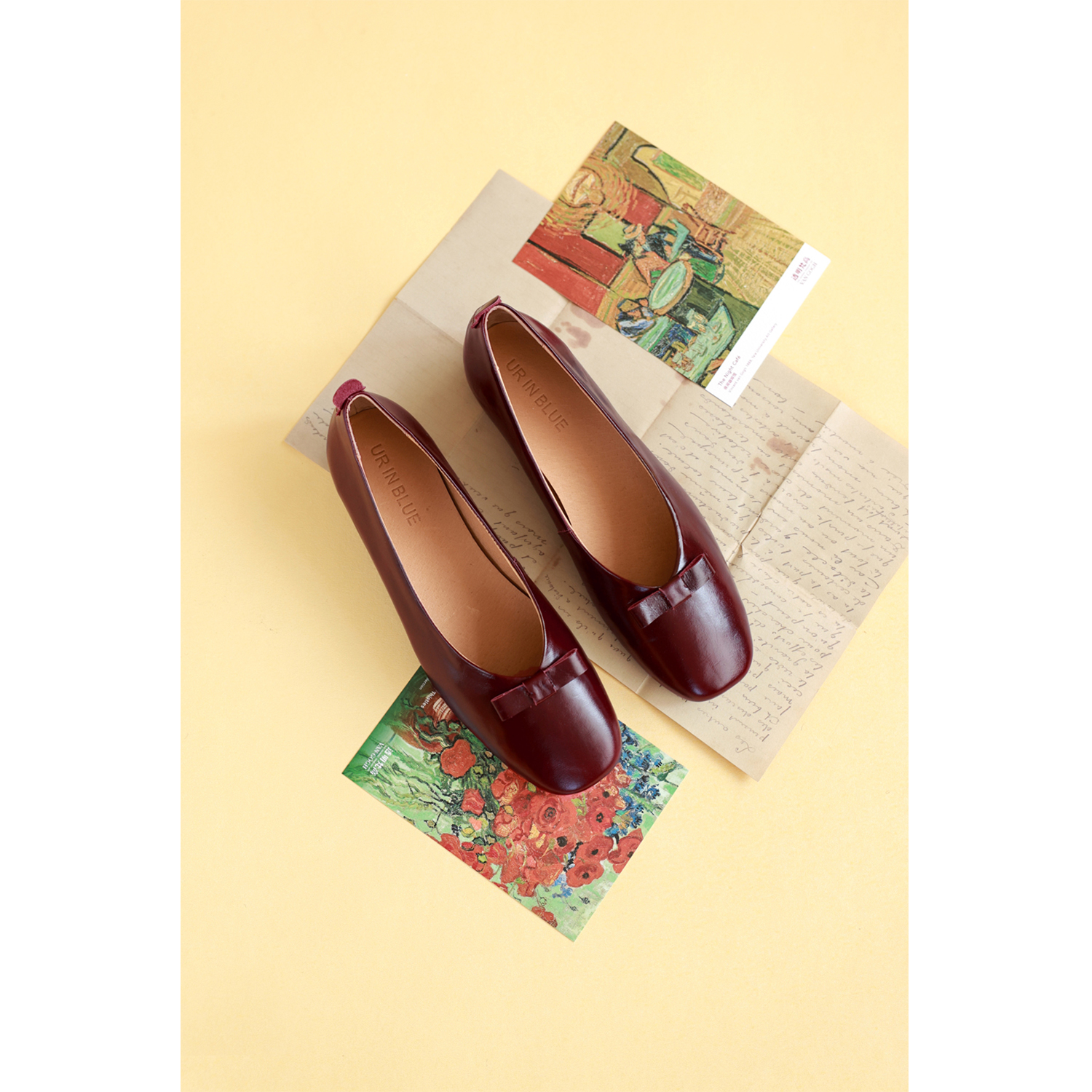 酒红法式蝴蝶结小方头浅口单鞋