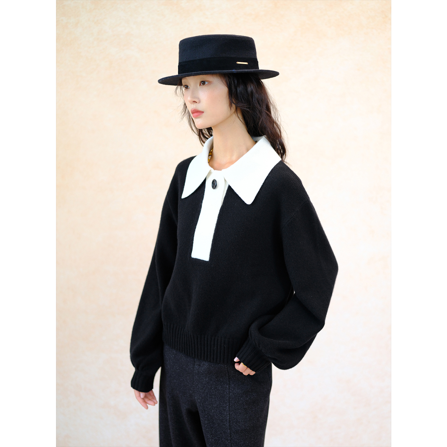 全羊毛通勤显瘦撞色翻领针织上衣