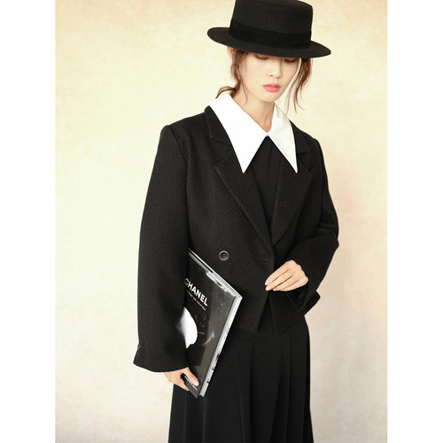 复古编织感毛呢西装短外套