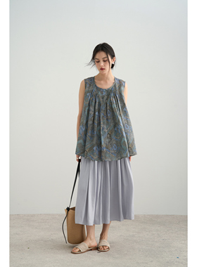 自然而蓝｜100%苎麻 复古印花褶皱背心套头上衣  原创自制