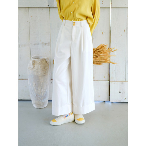 两色简约文艺通勤半松紧阔腿裤