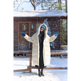 自然而蓝|鹅绒 洁白的千鸟格 超轻暗纹连帽长款羽绒服 冬季新品