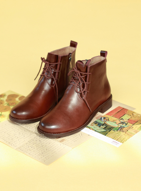 自然而蓝 丨红棕英伦风绑带拉链通勤短靴  自制25秋季新品