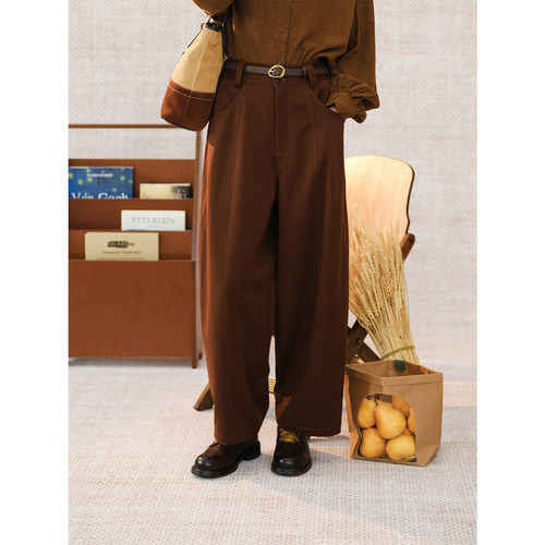 红棕色通勤遮肉宽松阔腿裤