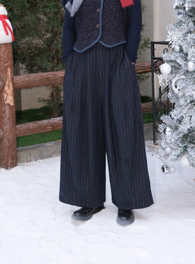 自然而蓝｜羊毛 通勤显瘦 两色条纹复古宽松阔腿裤   25冬季新品