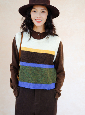 自然而蓝｜条纹撞色圆领叠穿百搭套头针织背心  25冬季新品