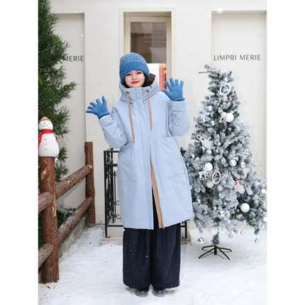 自然而蓝丨羊毛内里 浅蓝大口袋连帽设计感中长款外套 25冬季新品