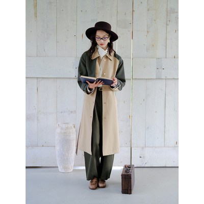 自然而蓝撞色中长风衣外套自制