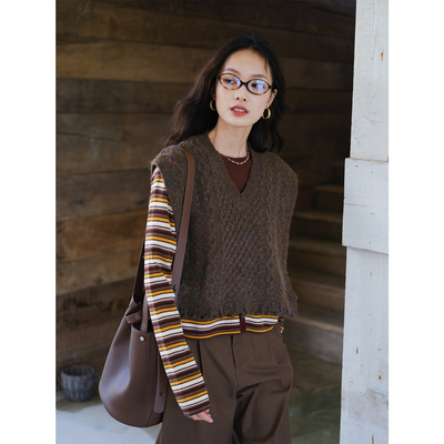 自然而蓝复古V领可调节系带马夹