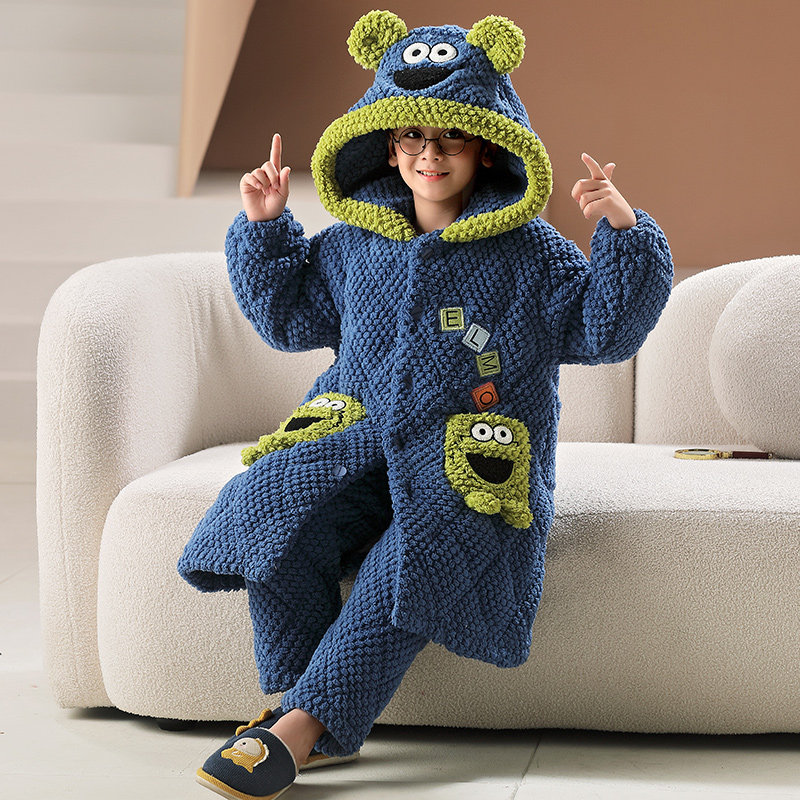 三层夹棉睡袍男童冬季珊瑚绒加厚