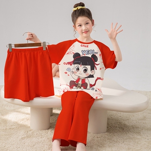 女童纯棉睡衣夏季短袖卡通大红色哪吒家居服可外穿胖女生宽松套装