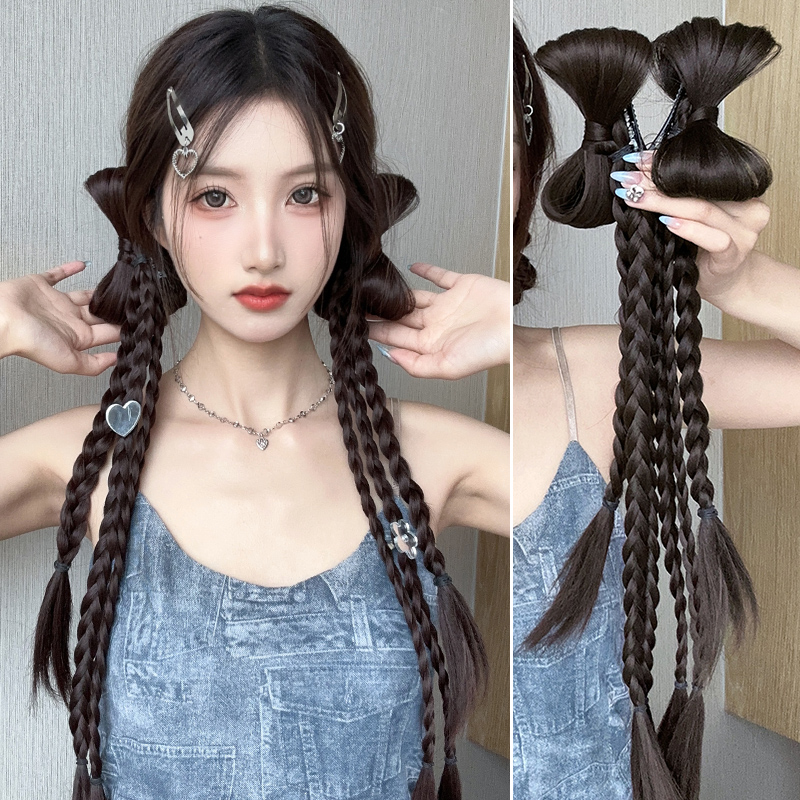 假发辫子女抓夹发饰蝴蝶结拳击辫一体假辫子麻花辫网红双马尾假发