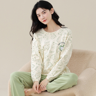 睡衣女春秋款 纯棉长袖 休闲卡通清新薄款 带胸垫一体全棉家居服套装