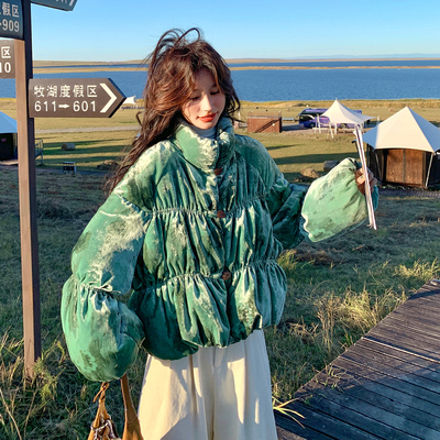 绿色金丝绒独特巨好看立领羽绒服女冬季2025年新款白鸭绒保暖外套