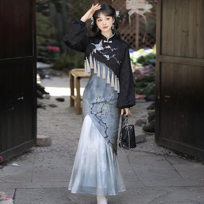 原创白梅词汉服女中国风汉元素新中式外套吊带裙套装9517