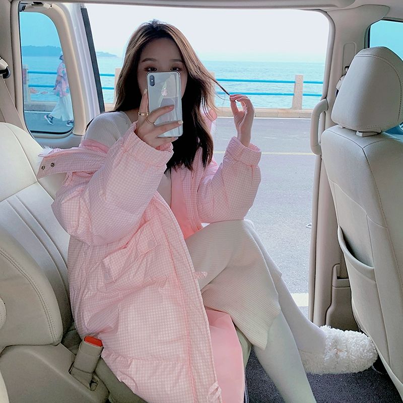 粉色格子连帽大毛领羽绒服棉服女冬季中长款过膝外套宽松加厚保暖