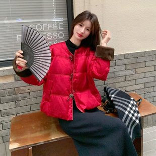 冬季新年红色新中式羽绒服女短款提花蝴蝶结纽扣气质国风90绒外套
