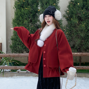 新年本命年红色羽绒服大衣高级感毛毛围巾领抽绳系带呢子外套上衣