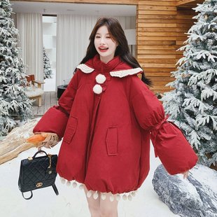 新年红色圣诞款 宽松外套 羽绒服连帽流苏毛球连帽蝴蝶结加厚灯笼袖