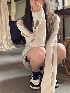 欧洲站长袖漏肩设计感气质针织衫2023春秋装新款时尚洋气毛衣小衫