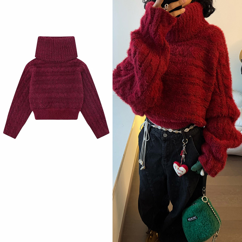 软糯麻花短款红色高领毛衣女秋冬漂亮套头针织衫上衣慵懒风高级感
