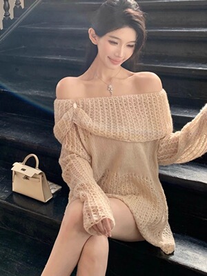 送运费险一字肩镂空设计马海毛衣