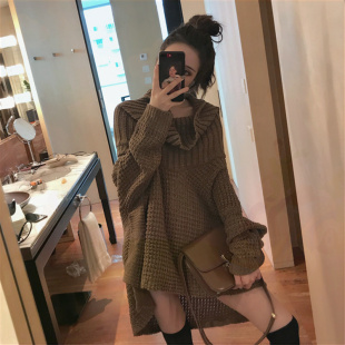 露肩毛衣女外穿秋冬加厚宽松慵懒一字领大翻领针织衫 中长款 上衣早