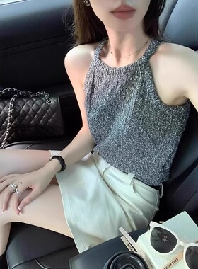 高级感灰色挂脖针织背心女内搭打底夏季设计感小吊带露肩无袖上衣