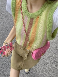 十一 撞色条纹镂空针织背心女2022宽松叠穿上衣设计感坎肩马甲石