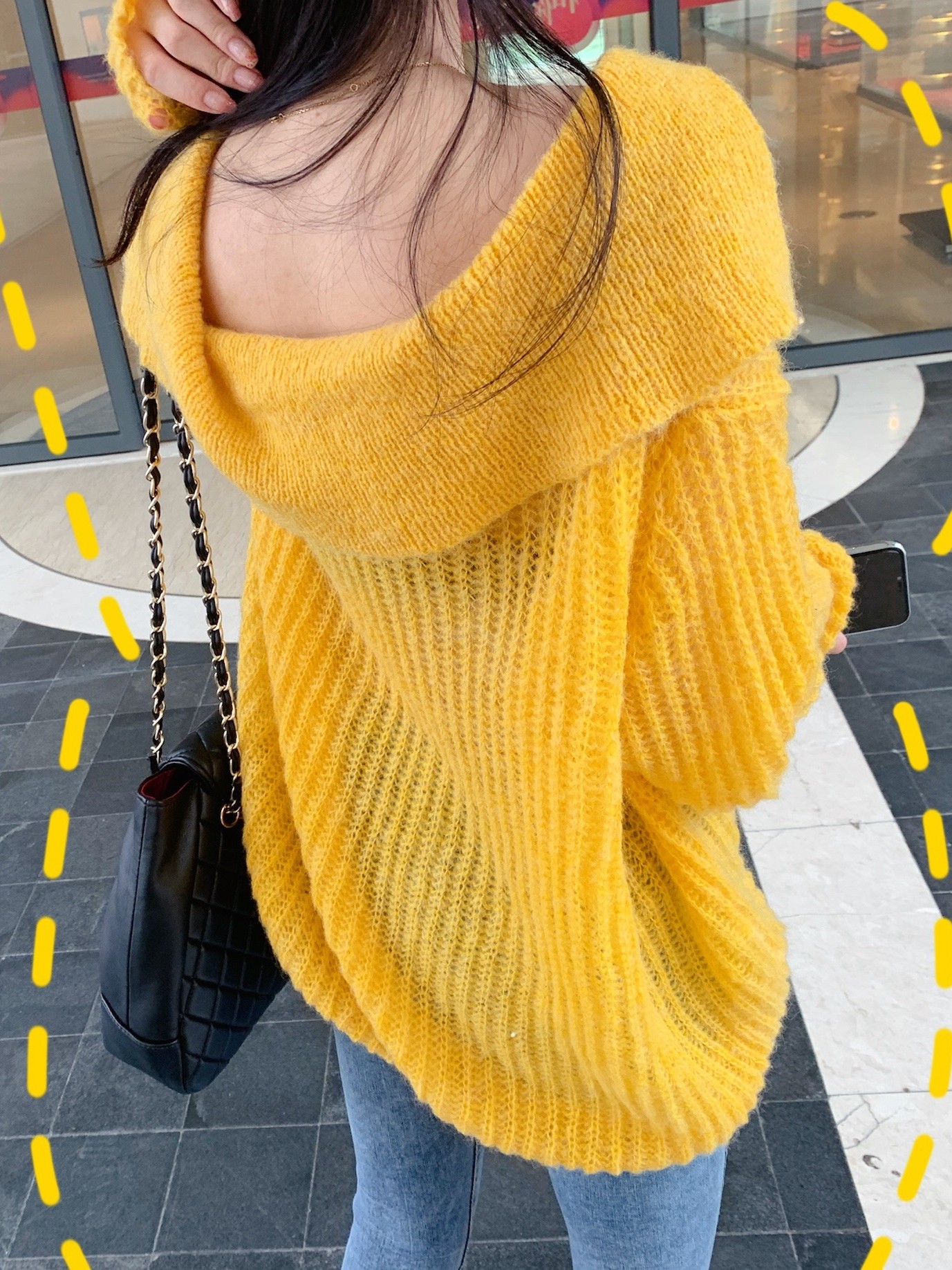 马海毛开衫秋装新款一字肩上衣女短款慵懒风宽松黄色毛衣针织衫初