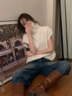 白色高领短袖针织衫毛衣女早春2024新款宽松显瘦无袖马甲背心上衣