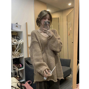 韩系慵懒风宽松复古毛衣女秋季V领套头两侧开叉显瘦长袖针织上衣