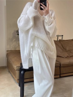 慵懒风V领毛衣女宽松套头显瘦前短后长中长款针织衫2025春秋新款
