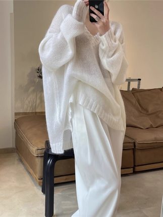 慵懒风V领毛衣女宽松套头显瘦前短后长中长款针织衫2024春秋新款