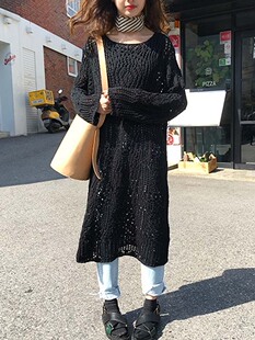 小众黑色针织罩衫镂空连衣裙女秋装新款小个子中长款毛衣裙子早秋