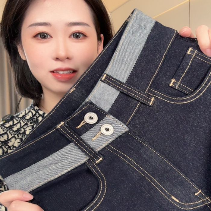 复古丹宁蓝微弹牛仔裤女