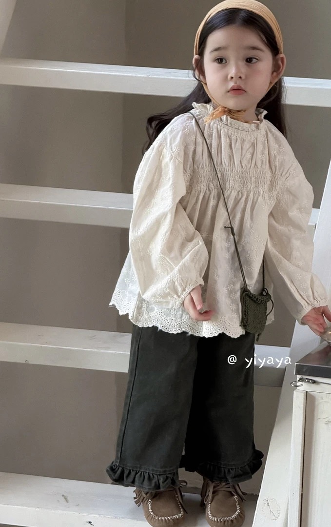 yiyaya女童套装2025秋款韩版刺绣娃娃衫上衣1173+绿色直筒裤1182