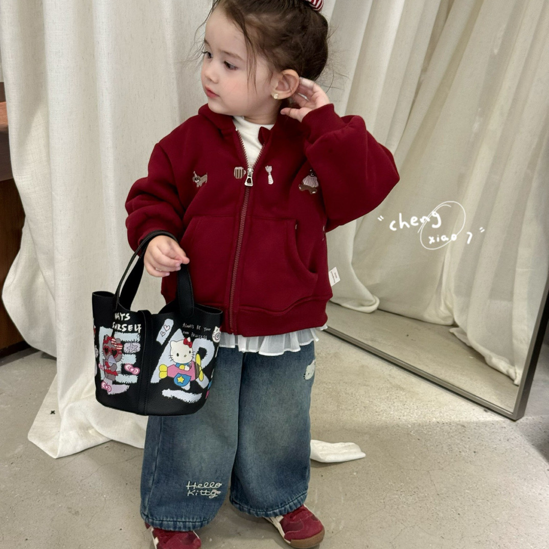 橙小七 25秋冬 女童红色加绒连帽卫衣5313屁帘加绒裤5253